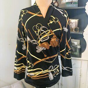 J. McLaughlin Blouse Sz S Wrap-Style Black/Gold Equestrian Chain & Harness Print